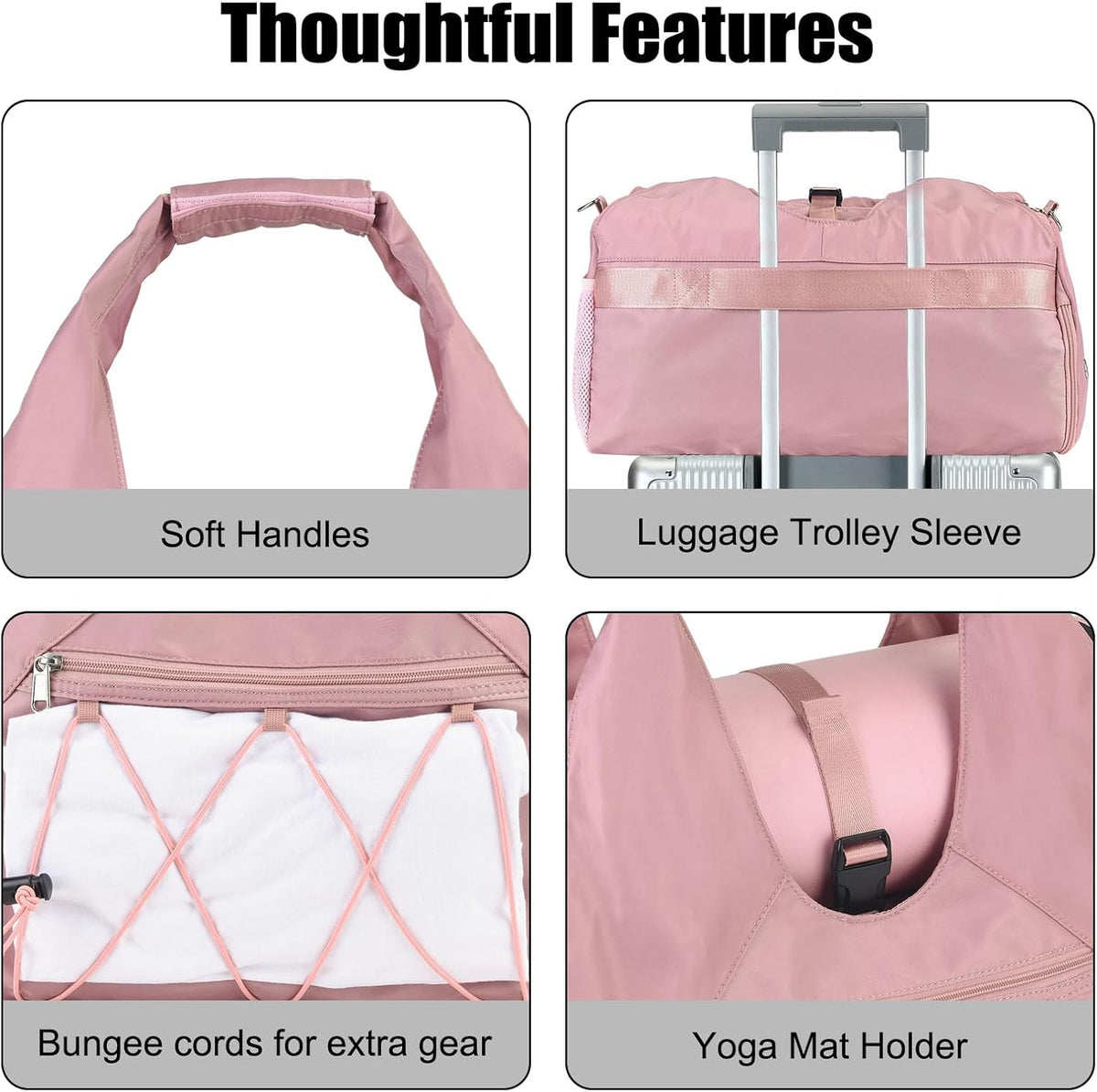 Gym Bag For Women With Yoga Mat Holder & Shoe Compartment & Wet Dry Storage Pocket & Adjustable Strap