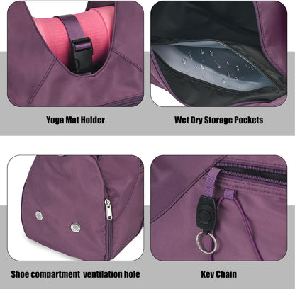 Gym Bag For Women With Yoga Mat Holder & Shoe Compartment & Wet Dry Storage Pocket & Adjustable Strap