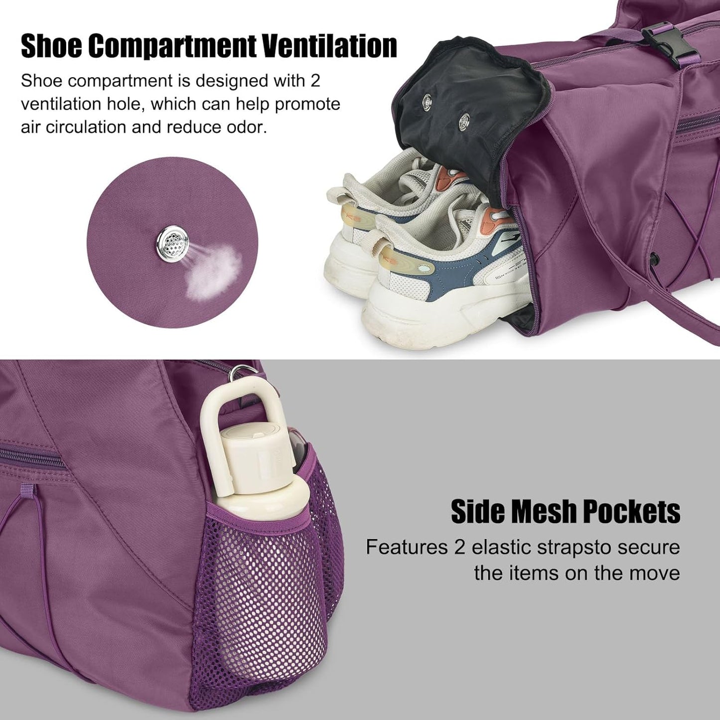 Gym Bag For Women With Yoga Mat Holder & Shoe Compartment & Wet Dry Storage Pocket & Adjustable Strap