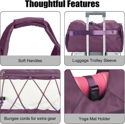 Gym Bag For Women With Yoga Mat Holder & Shoe Compartment & Wet Dry Storage Pocket & Adjustable Strap