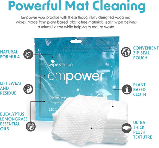 Studio Empower Yoga Mat Cleaner Wipes 25ct Zip Pack, Ultra Thick and Textured, Lemongrass Eucalyptus Scent, Natural Choice for Yoga, Pilates, or Any Movement Practice