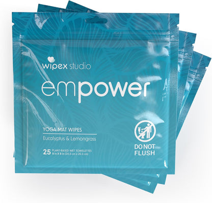 Studio Empower Yoga Mat Cleaner Wipes 25ct Zip Pack, Ultra Thick and Textured, Lemongrass Eucalyptus Scent, Natural Choice for Yoga, Pilates, or Any Movement Practice