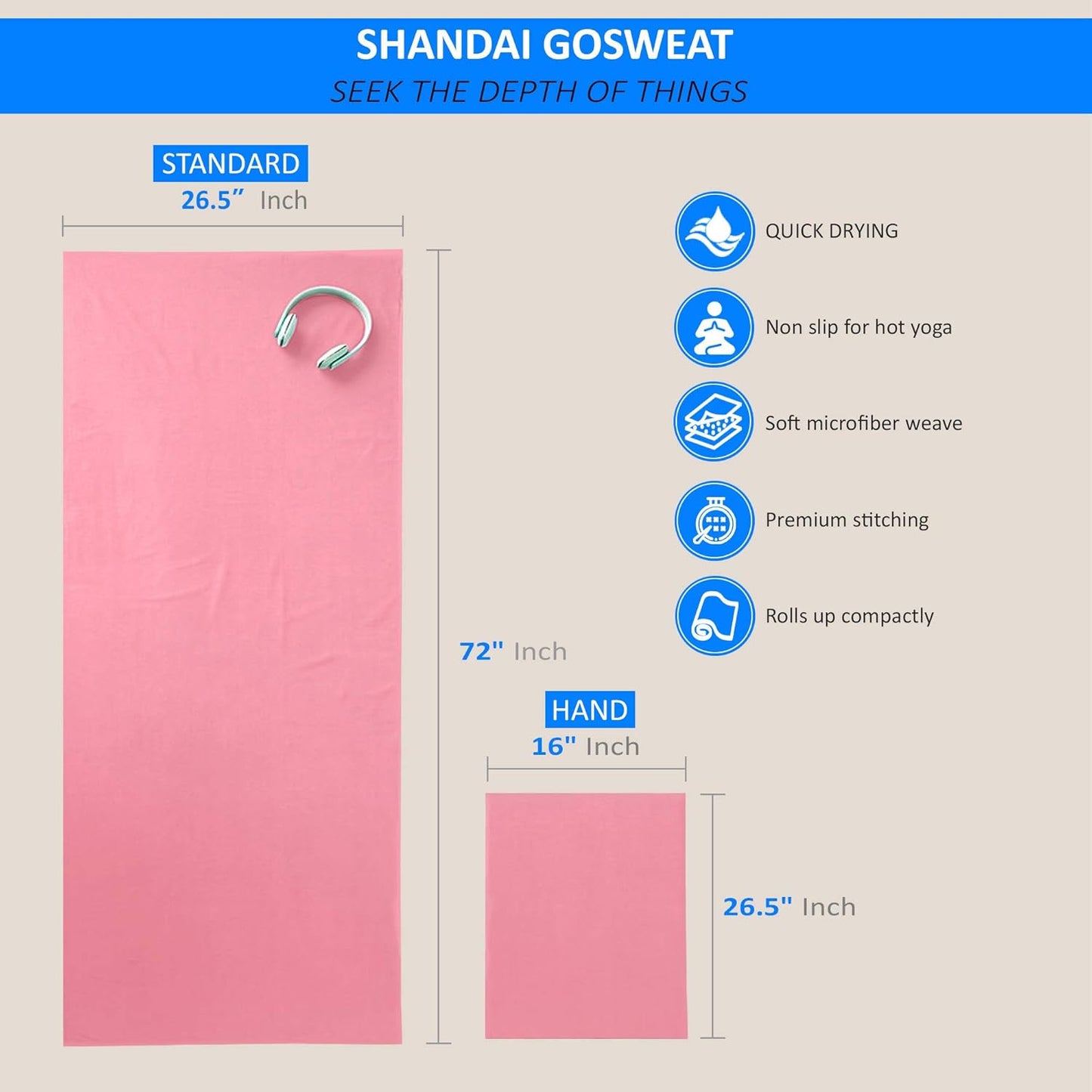 Shandali GoSweat Non-Slip Hot Yoga Towel with Super-Absorbent Soft Suede Microfiber in Many Colors, for Bikram Pilates and Yoga Mats.
