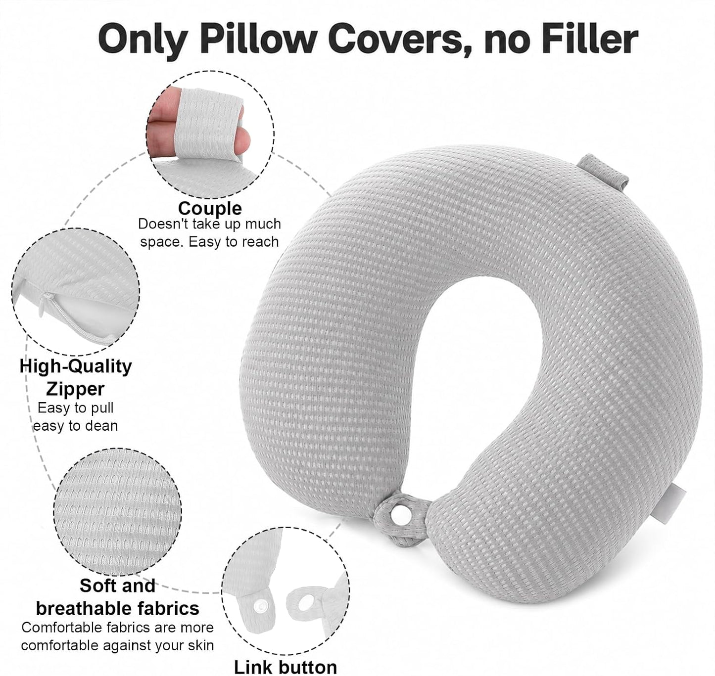 Neck Pillow Cover Travel U Neck Silk Pillow Case Cover Breathable Mesh Travel Necks Pillows Replacement Covers with Zipper Necks Pillows Washable Covers (No Filler Grey)