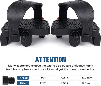 Exercise Bicycle Pedals - 9/16" & 1/2" Spindle, Bike Pedals with Adjustable Straps for Peloton/Schwinn/Spin Bikes, Non-Slip Rubber & Toe Clips