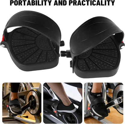 Exercise Bicycle Pedals - 9/16" & 1/2" Spindle, Bike Pedals with Adjustable Straps for Peloton/Schwinn/Spin Bikes, Non-Slip Rubber & Toe Clips