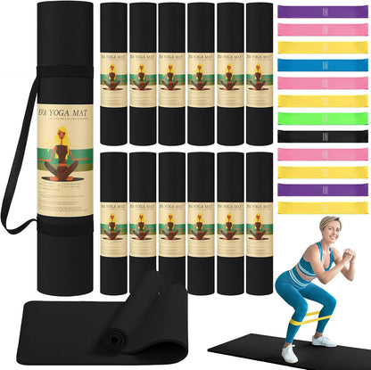 36 Pieces Yoga Mats Sets Includes 12 Pcs Yoga Mats Bulk 68” x 24” x 6mm Thick Exercise Mat Non Slip 12 Resistance Bands 12 Carrying Straps for Women Girls for Gym Pilates