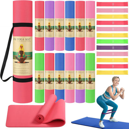 36 Pieces Yoga Mats Sets Includes 12 Pcs Yoga Mats Bulk 68” x 24” x 6mm Thick Exercise Mat Non Slip 12 Resistance Bands 12 Carrying Straps for Women Girls for Gym Pilates