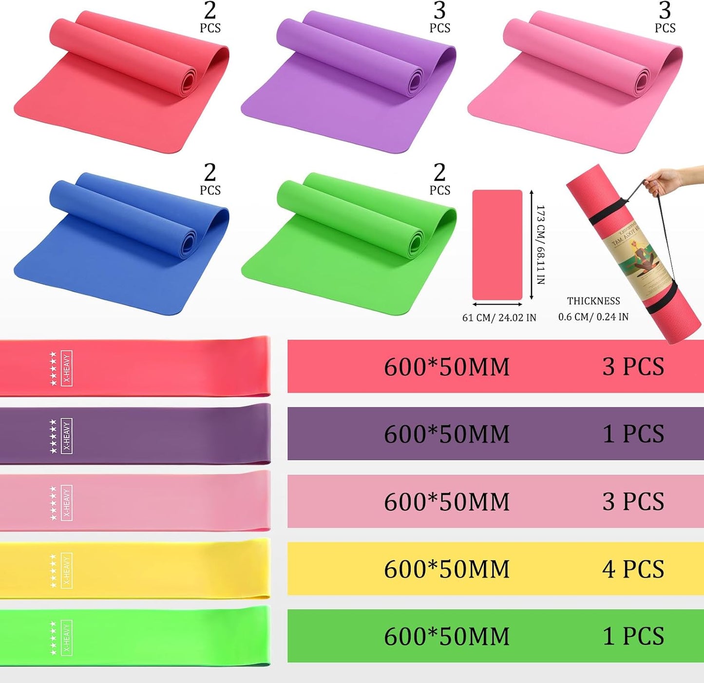 36 Pieces Yoga Mats Sets Includes 12 Pcs Yoga Mats Bulk 68” x 24” x 6mm Thick Exercise Mat Non Slip 12 Resistance Bands 12 Carrying Straps for Women Girls for Gym Pilates