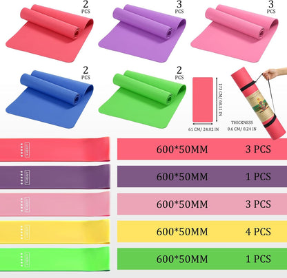 36 Pieces Yoga Mats Sets Includes 12 Pcs Yoga Mats Bulk 68” x 24” x 6mm Thick Exercise Mat Non Slip 12 Resistance Bands 12 Carrying Straps for Women Girls for Gym Pilates