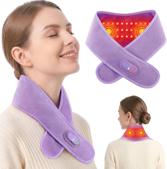 Cordless Neck Heating Pad for Pain, Neck Massager with 660nm 850nm Red Light, Heated Neck Wrap with 3000mAh Rechargeable, 3 Levels Heat & Massage, Purple
