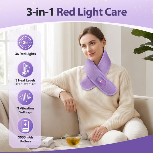 Cordless Neck Heating Pad for Pain, Neck Massager with 660nm 850nm Red Light, Heated Neck Wrap with 3000mAh Rechargeable, 3 Levels Heat & Massage, Purple