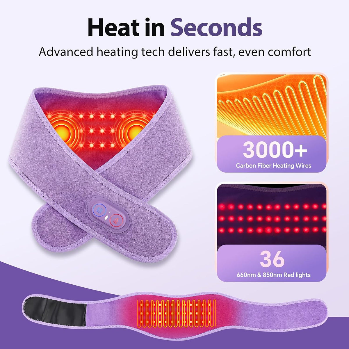 Cordless Neck Heating Pad for Pain, Neck Massager with 660nm 850nm Red Light, Heated Neck Wrap with 3000mAh Rechargeable, 3 Levels Heat & Massage, Purple