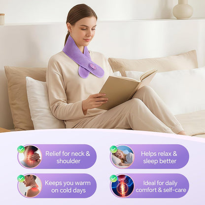 Cordless Neck Heating Pad for Pain, Neck Massager with 660nm 850nm Red Light, Heated Neck Wrap with 3000mAh Rechargeable, 3 Levels Heat & Massage, Purple