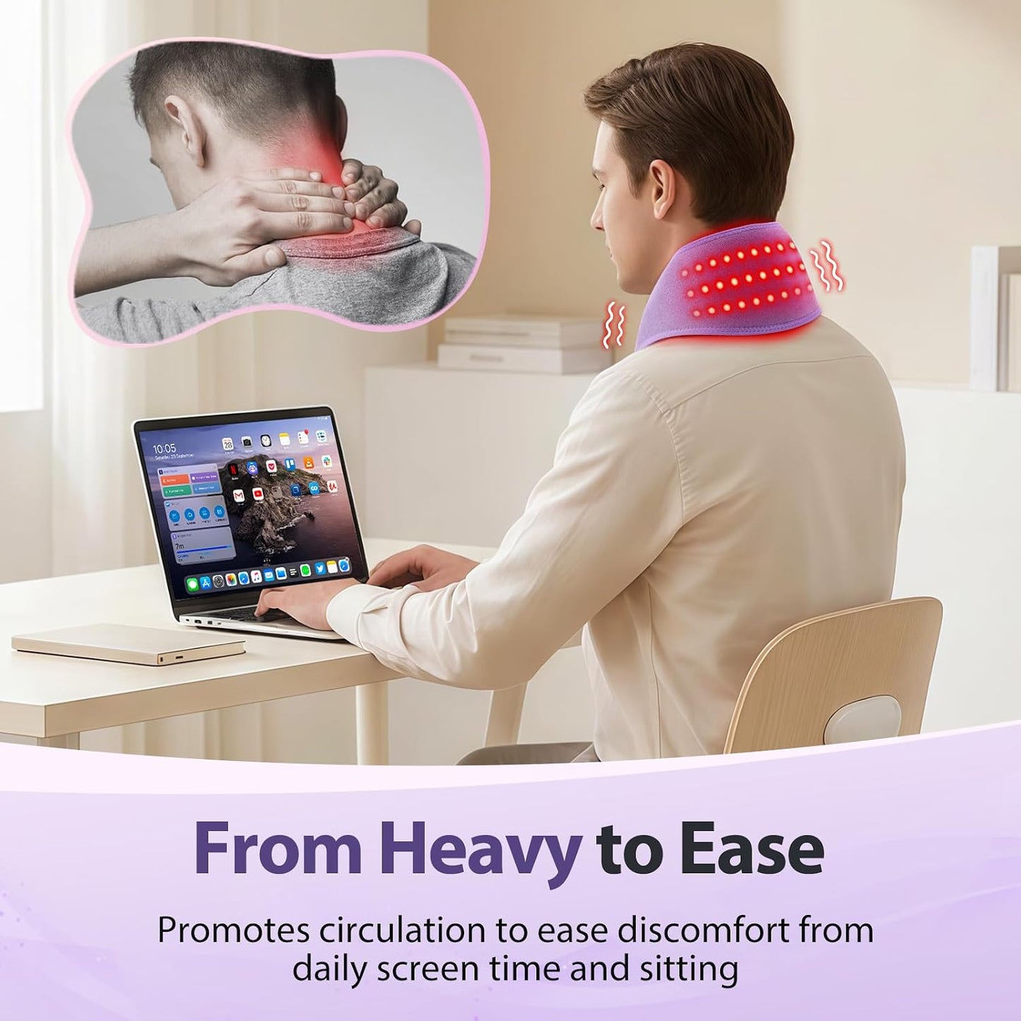 Cordless Neck Heating Pad for Pain, Neck Massager with 660nm 850nm Red Light, Heated Neck Wrap with 3000mAh Rechargeable, 3 Levels Heat & Massage, Purple