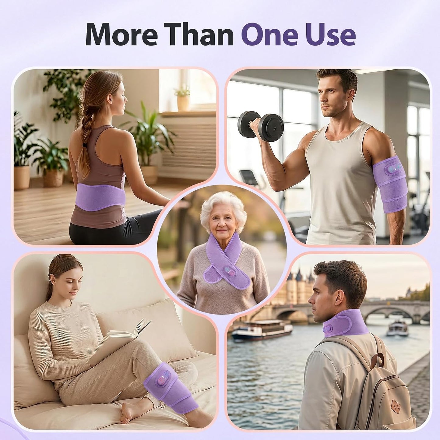 Cordless Neck Heating Pad for Pain, Neck Massager with 660nm 850nm Red Light, Heated Neck Wrap with 3000mAh Rechargeable, 3 Levels Heat & Massage, Purple