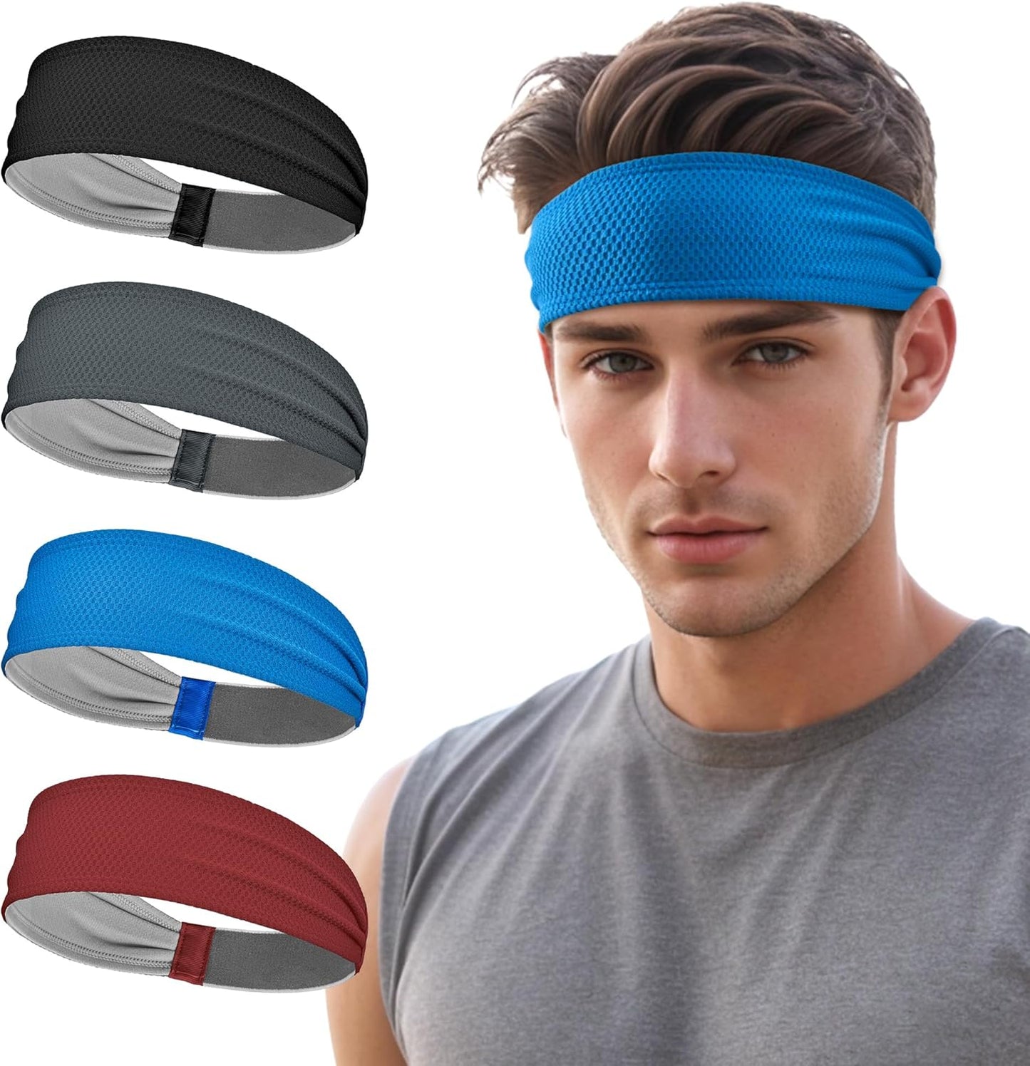 Sports Headbands for Men, Moisture Wicking Sweat Bands Headbands Non-Slip, Breathable Elastic Sweatband, Running Headband for Yoga, Tennis, Fitness Workout