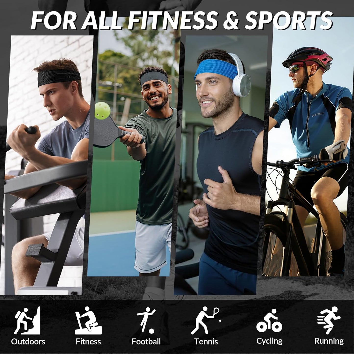 Sports Headbands for Men, Moisture Wicking Sweat Bands Headbands Non-Slip, Breathable Elastic Sweatband, Running Headband for Yoga, Tennis, Fitness Workout