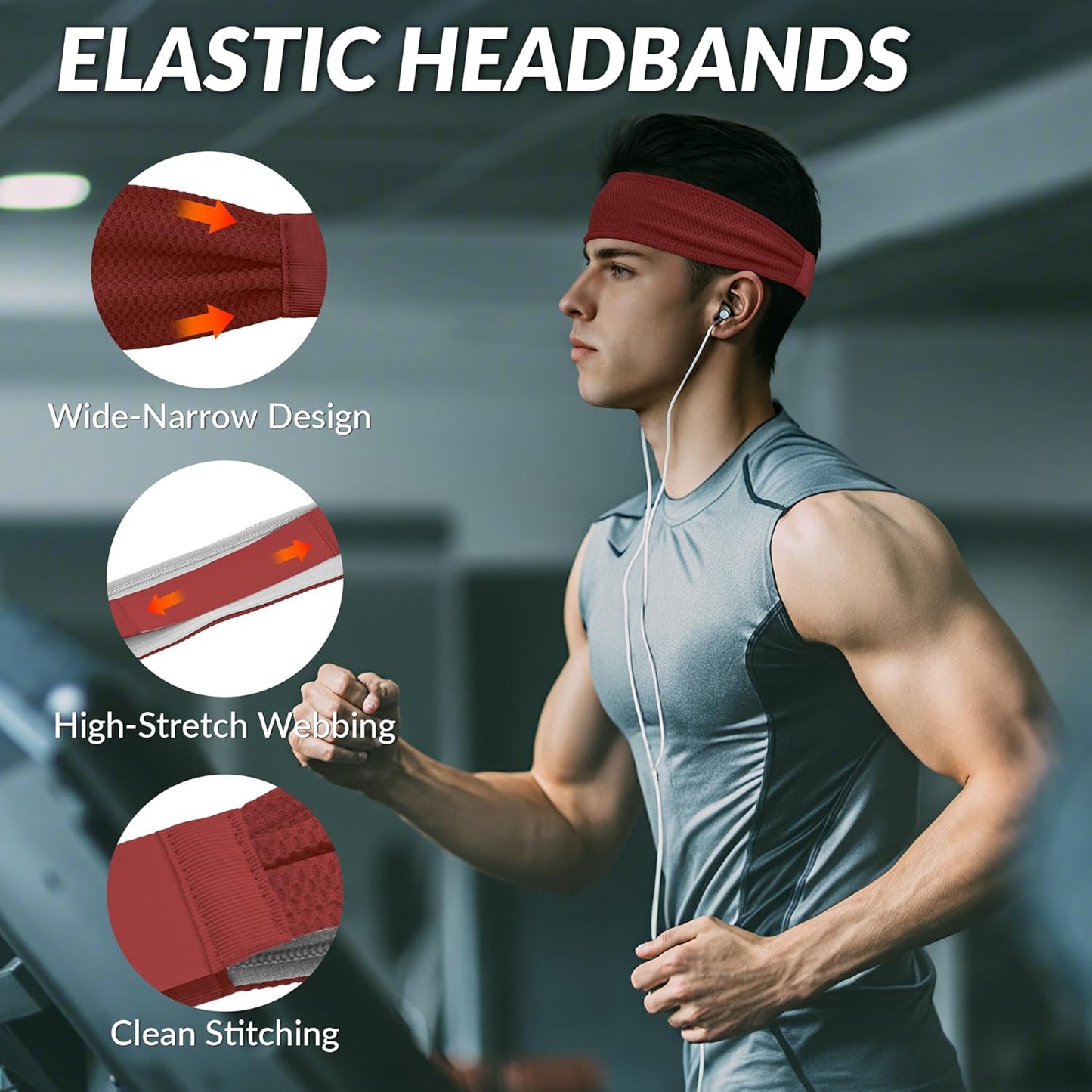 Sports Headbands for Men, Moisture Wicking Sweat Bands Headbands Non-Slip, Breathable Elastic Sweatband, Running Headband for Yoga, Tennis, Fitness Workout