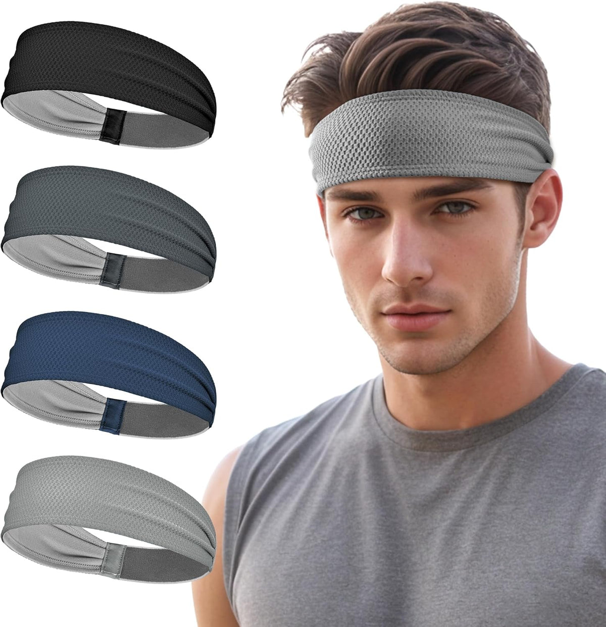 Sports Headbands for Men, Moisture Wicking Sweat Bands Headbands Non-Slip, Breathable Elastic Sweatband, Running Headband for Yoga, Tennis, Fitness Workout