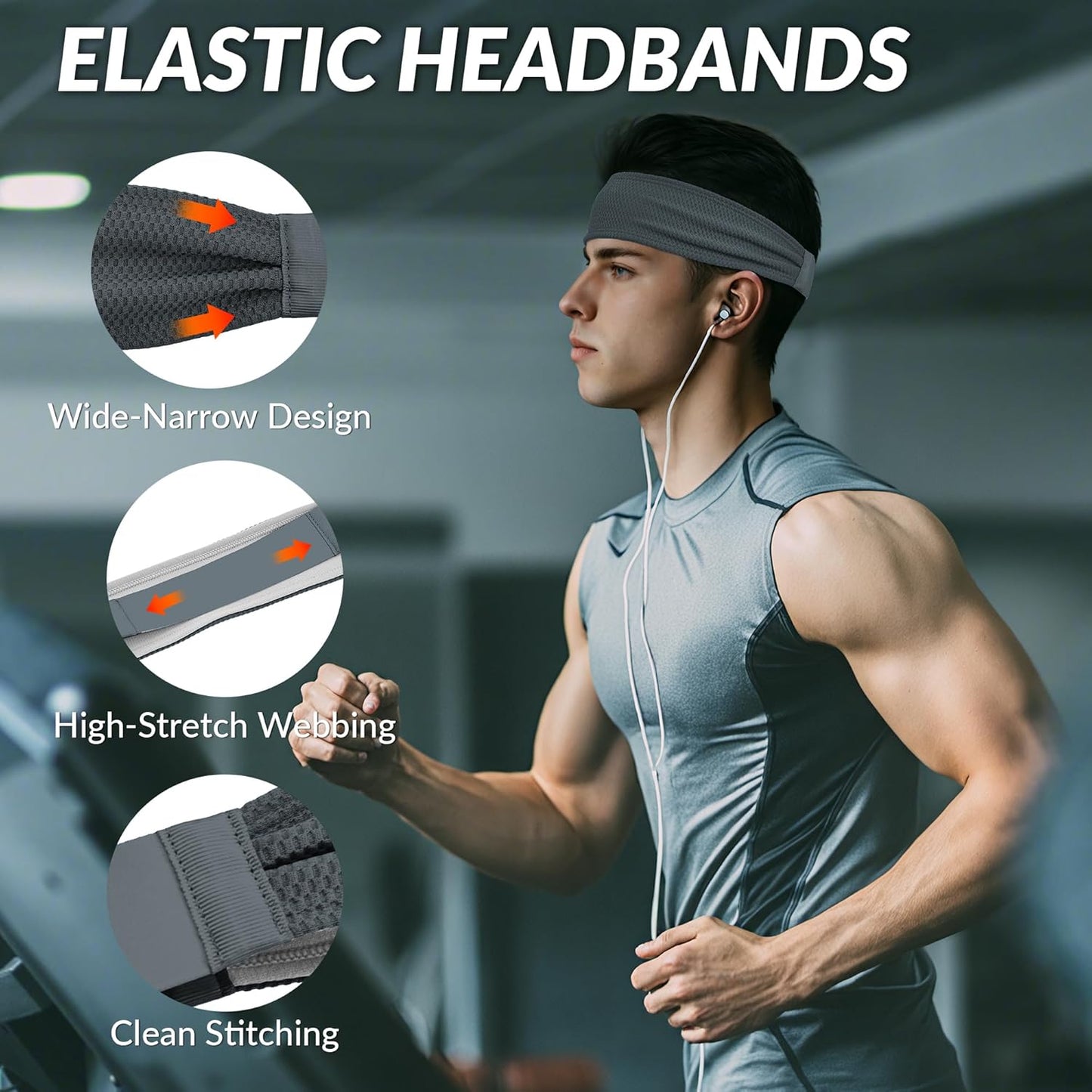 Sports Headbands for Men, Moisture Wicking Sweat Bands Headbands Non-Slip, Breathable Elastic Sweatband, Running Headband for Yoga, Tennis, Fitness Workout