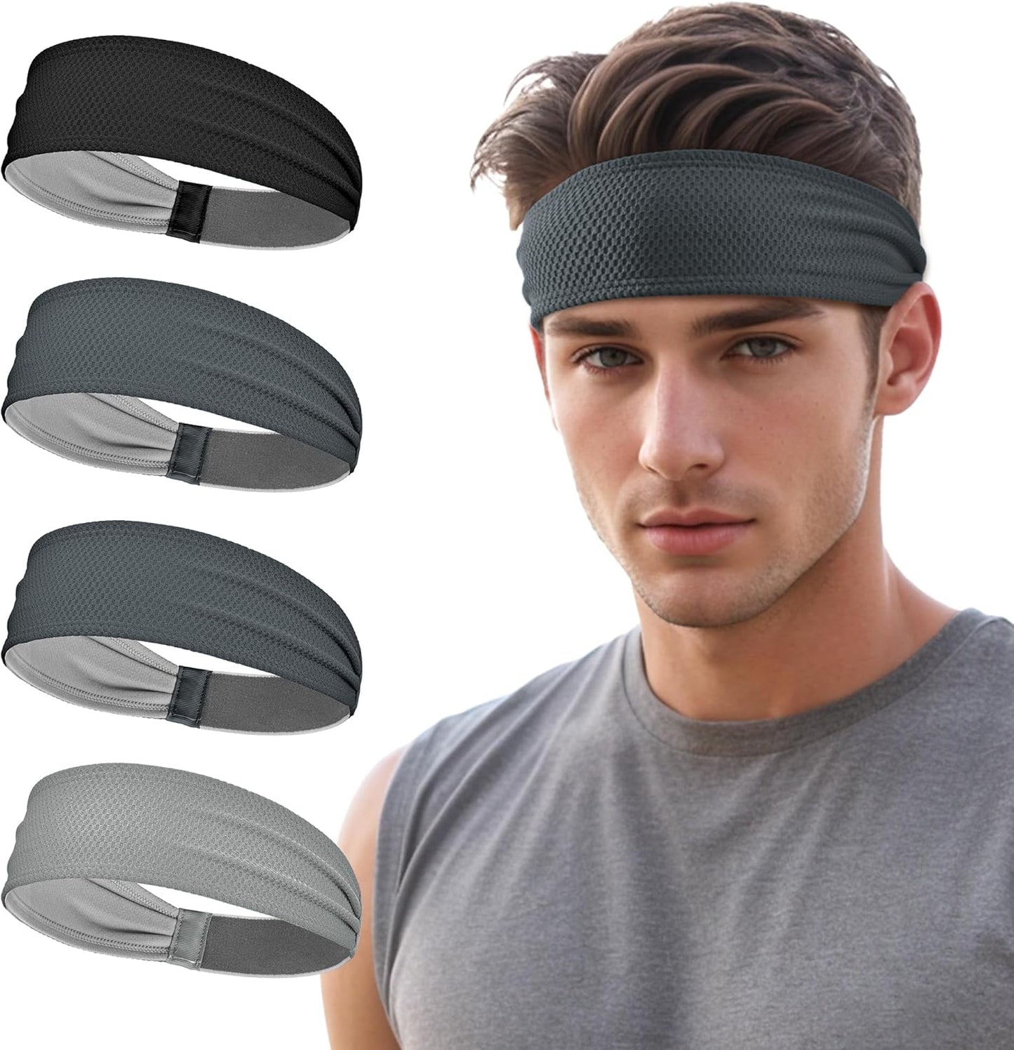 Sports Headbands for Men, Moisture Wicking Sweat Bands Headbands Non-Slip, Breathable Elastic Sweatband, Running Headband for Yoga, Tennis, Fitness Workout