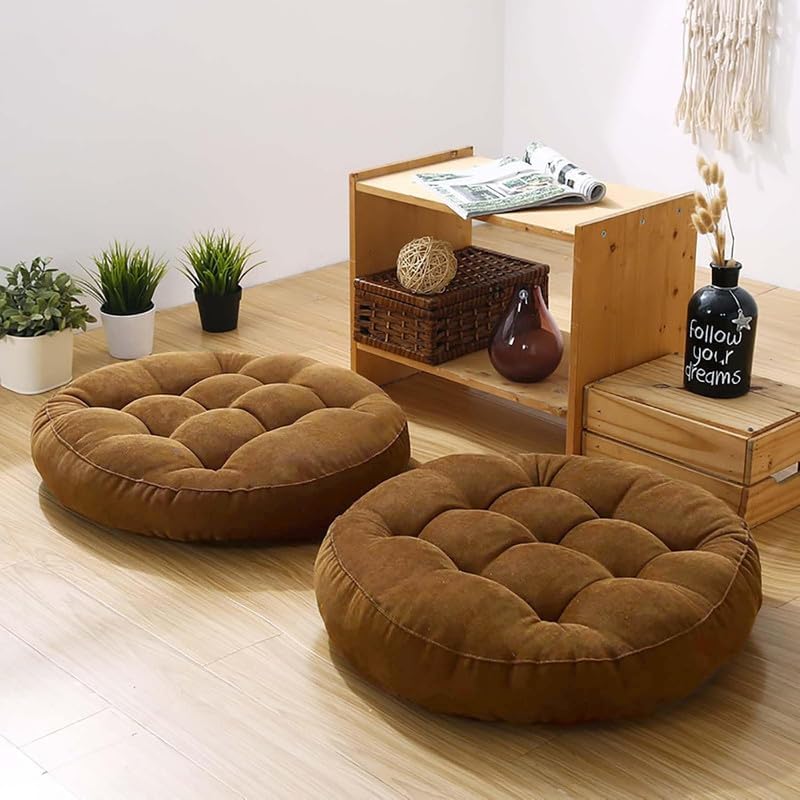 Meditation Floor Pillow Set of 2 Large Round Floor Cushions for Adults Tufted Corduroy Floor Seat Pillows Cushion for Living Room,Yellow 16.5" Lx16.5 Wx3 H