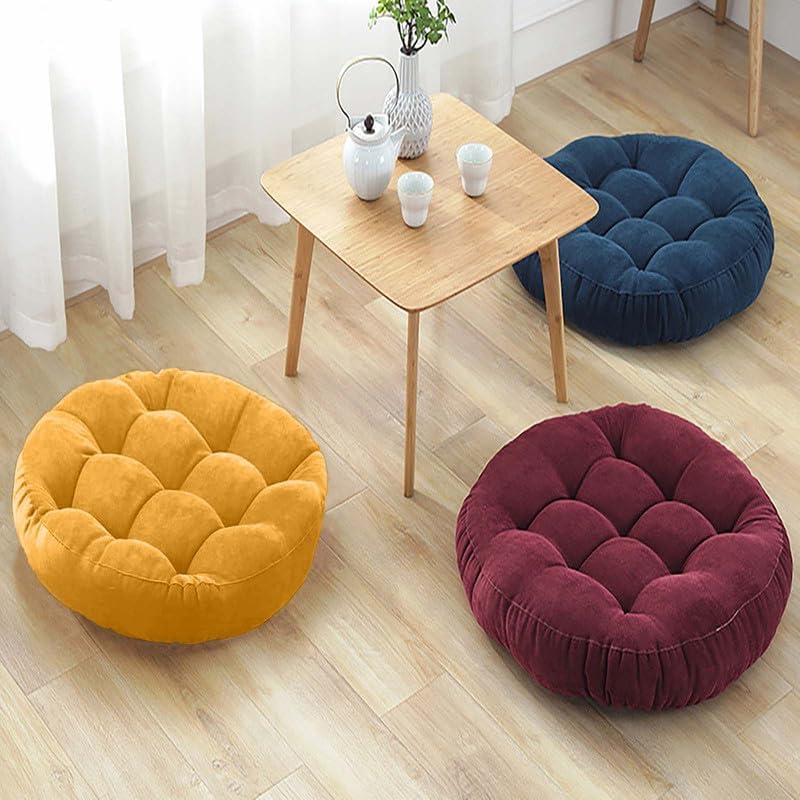 Meditation Floor Pillow Set of 2 Large Round Floor Cushions for Adults Tufted Corduroy Floor Seat Pillows Cushion for Living Room,Yellow 16.5" Lx16.5 Wx3 H