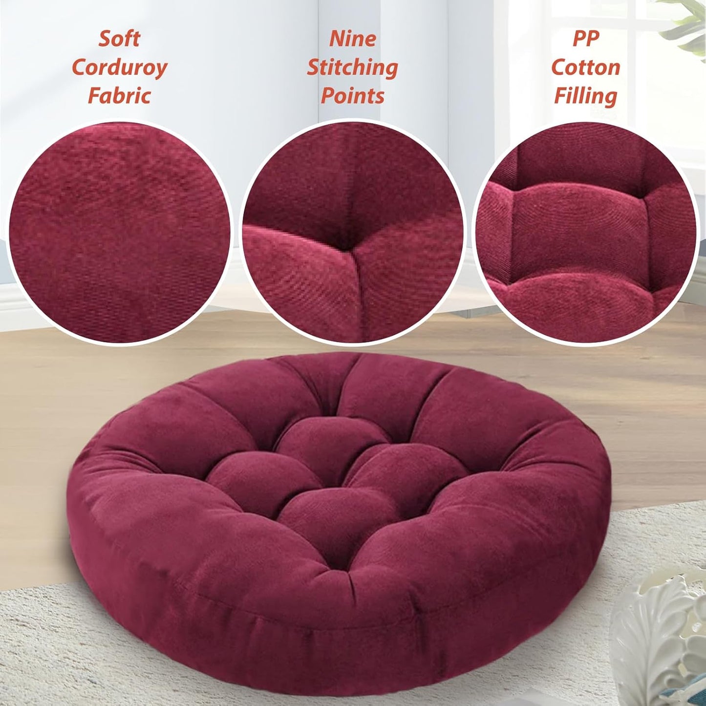 Meditation Floor Pillow Set of 2 Large Round Floor Cushions for Adults Tufted Corduroy Floor Seat Pillows Cushion for Living Room,Yellow 16.5" Lx16.5 Wx3 H