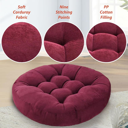 Meditation Floor Pillow Set of 2 Large Round Floor Cushions for Adults Tufted Corduroy Floor Seat Pillows Cushion for Living Room,Yellow 16.5" Lx16.5 Wx3 H