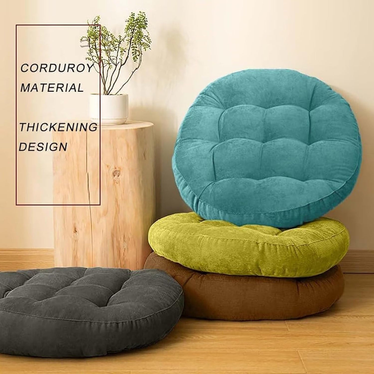 Meditation Floor Pillow Set of 2 Large Round Floor Cushions for Adults Tufted Corduroy Floor Seat Pillows Cushion for Living Room,Yellow 16.5" Lx16.5 Wx3 H