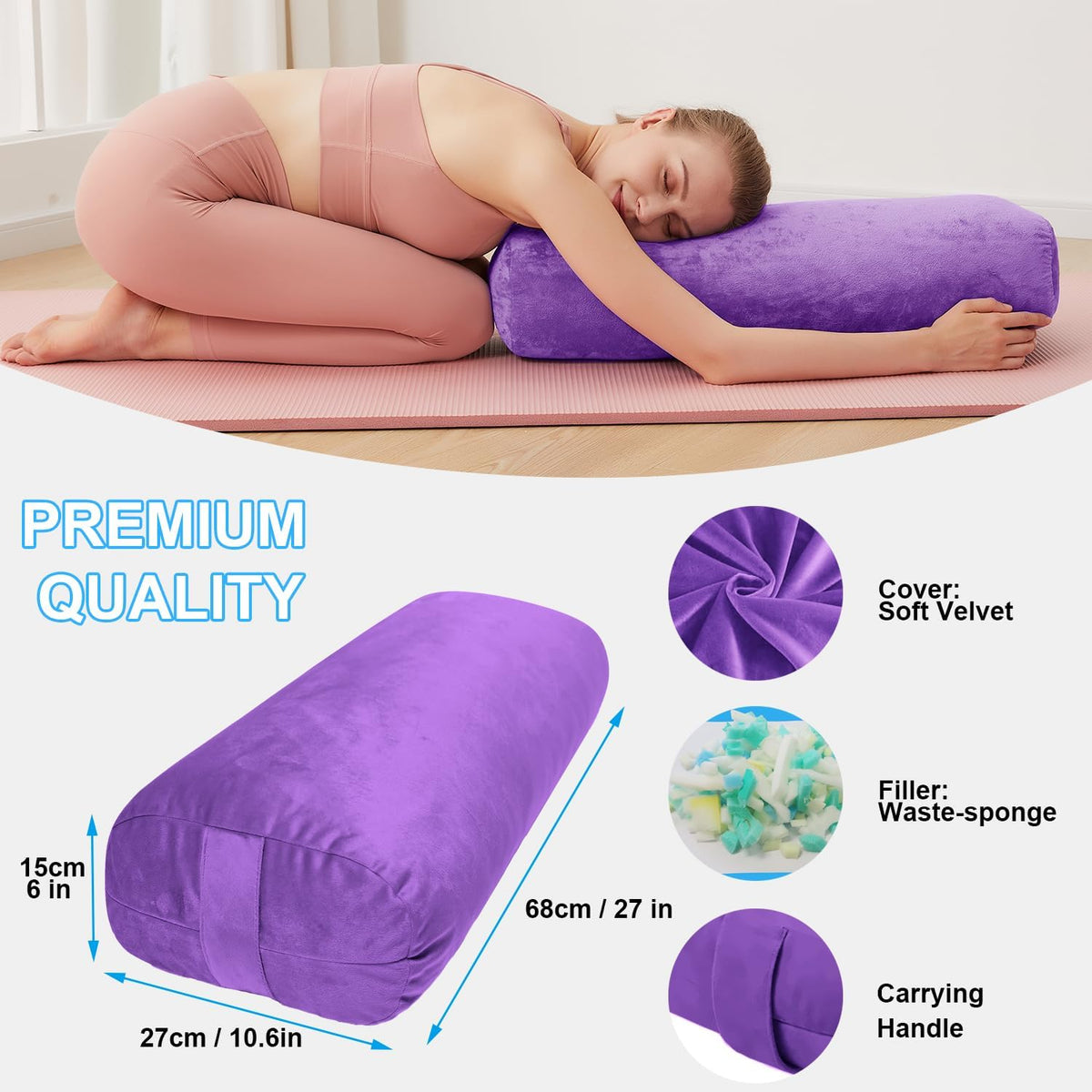 Yoga Bolster Pillow for Restorative & Yin Yoga - Meditation Pillow with Velvet Cover - Rectangular