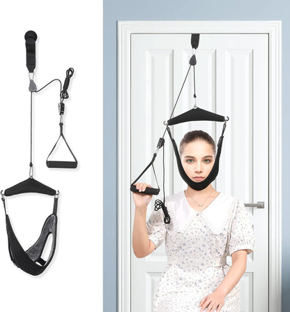 Upgraded Neck Stretcher Cervical Neck Traction Device,Double Ratchet Neck Tension Relief Portable Over The Door Device,for Physical Therapy,Neck Pain Relief, Vertebrae Disk Herniation,Black