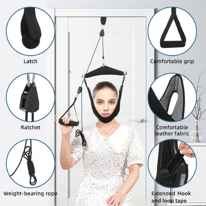 Upgraded Neck Stretcher Cervical Neck Traction Device,Double Ratchet Neck Tension Relief Portable Over The Door Device,for Physical Therapy,Neck Pain Relief, Vertebrae Disk Herniation,Black