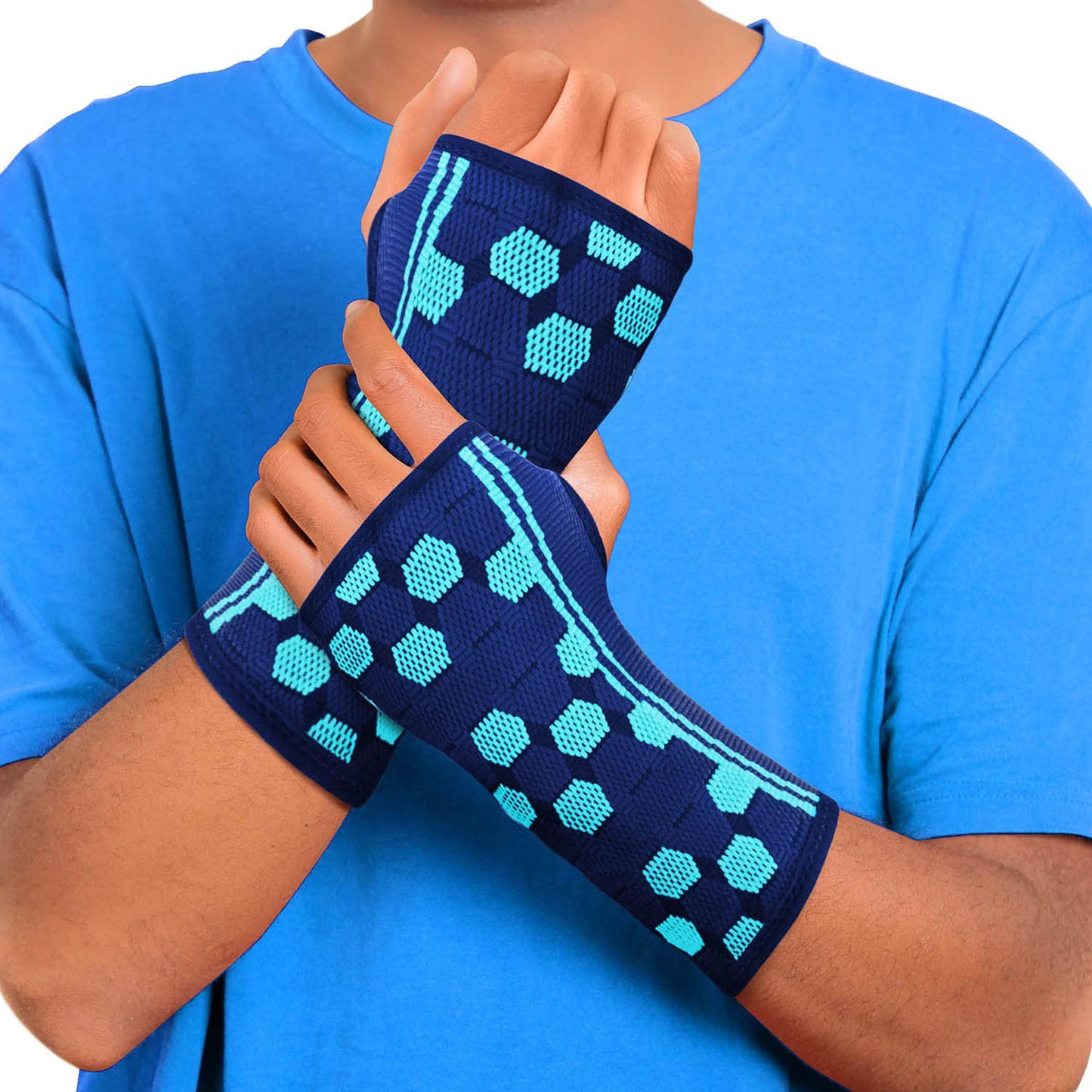 Wrist Support Sleeves (Pair) – Compression Wrist Brace for Men and Women - Carpal Tunnel Tendonitis Arthritis Pain Relief for Sports Injuries Arthritic Wrists Palm Hand Pain RSI (Blue-M)