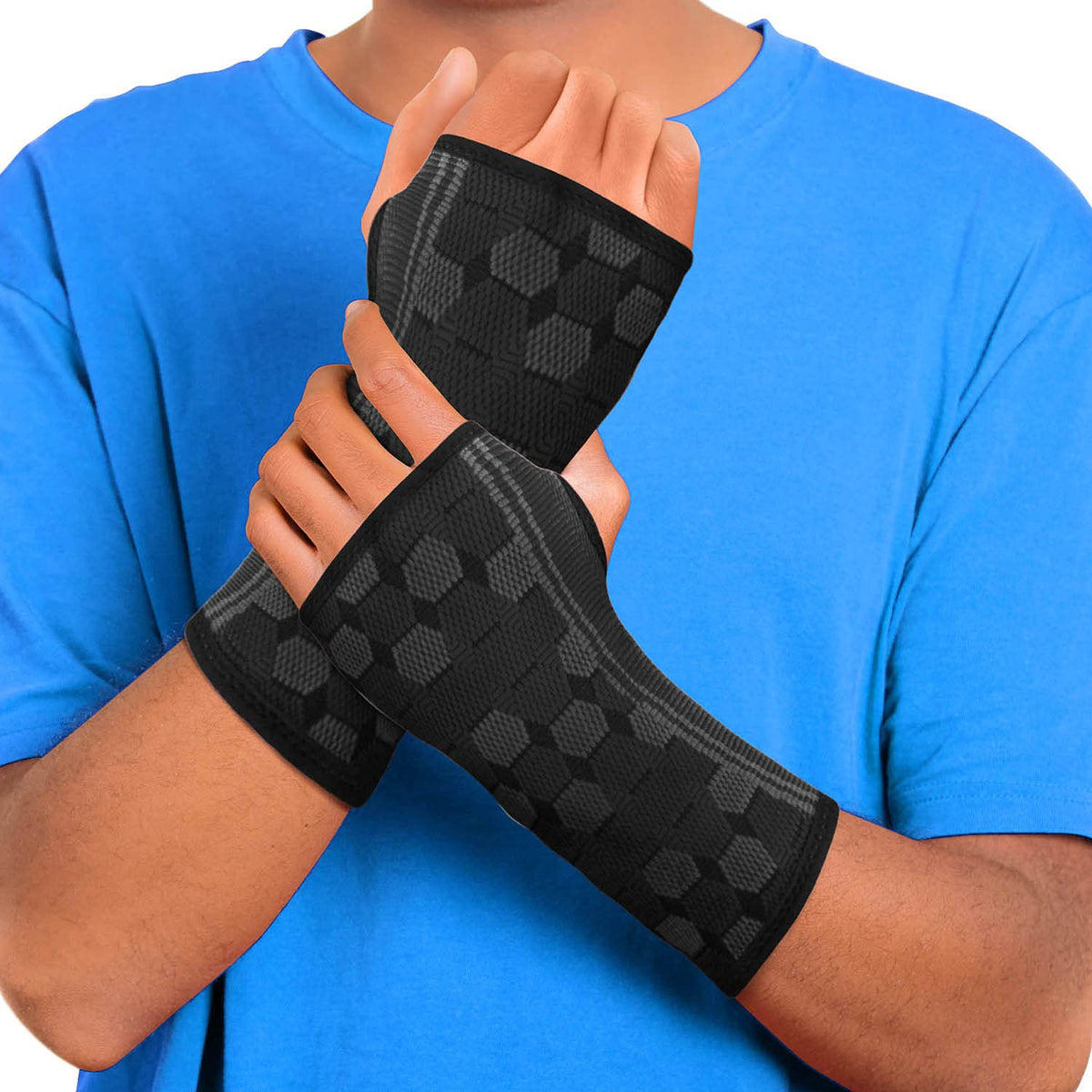 Wrist Support Sleeves (Pair) – Compression Wrist Brace for Men and Women - Carpal Tunnel Tendonitis Arthritis Pain Relief for Sports Injuries Arthritic Wrists Palm Hand Pain RSI (Blue-M)