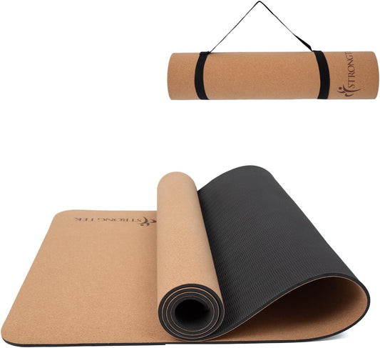 Eco-Friendly Cork Yoga Mat, 7mm Thick, 72"x24", Cork+TPE, 2 lbs, Non-Slip, Lightweight & Cushioned Mat for Hot Yoga, Pilates & Home Fitness, Durable Surface with Natural Grip and Carry Strap