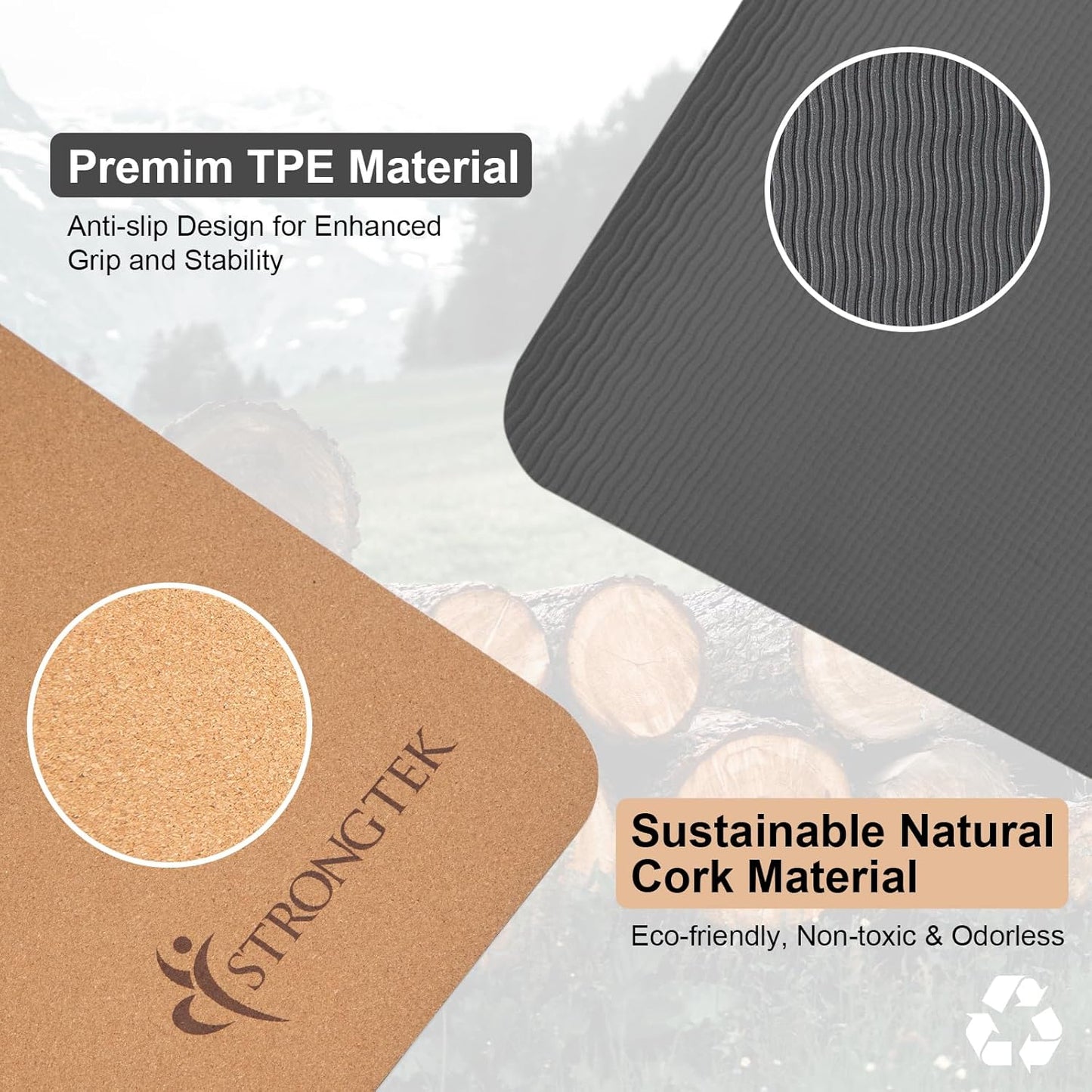 Eco-Friendly Cork Yoga Mat, 7mm Thick, 72"x24", Cork+TPE, 2 lbs, Non-Slip, Lightweight & Cushioned Mat for Hot Yoga, Pilates & Home Fitness, Durable Surface with Natural Grip and Carry Strap