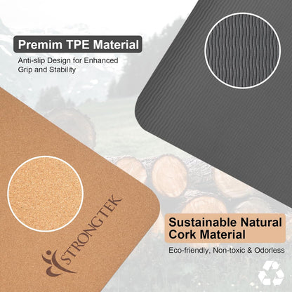Eco-Friendly Cork Yoga Mat, 7mm Thick, 72"x24", Cork+TPE, 2 lbs, Non-Slip, Lightweight & Cushioned Mat for Hot Yoga, Pilates & Home Fitness, Durable Surface with Natural Grip and Carry Strap