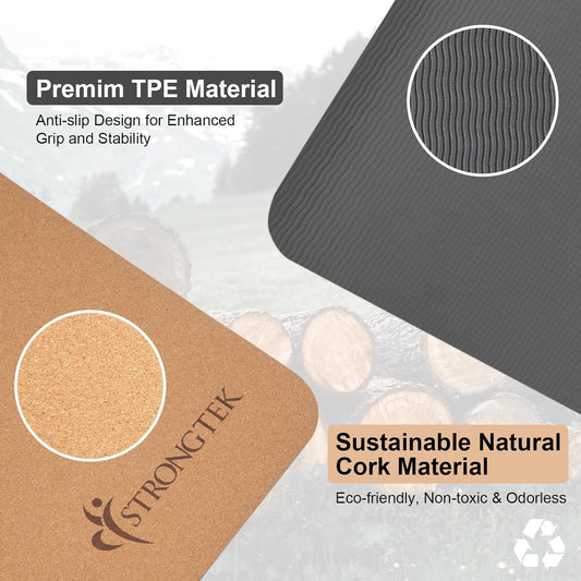 Eco-Friendly Cork Yoga Mat, 7mm Thick, 72"x24", Cork+TPE, 2 lbs, Non-Slip, Lightweight & Cushioned Mat for Hot Yoga, Pilates & Home Fitness, Durable Surface with Natural Grip and Carry Strap