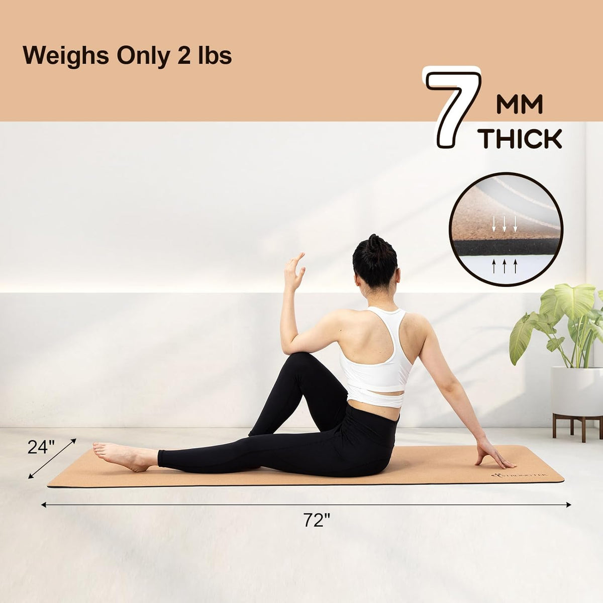 Eco-Friendly Cork Yoga Mat, 7mm Thick, 72"x24", Cork+TPE, 2 lbs, Non-Slip, Lightweight & Cushioned Mat for Hot Yoga, Pilates & Home Fitness, Durable Surface with Natural Grip and Carry Strap
