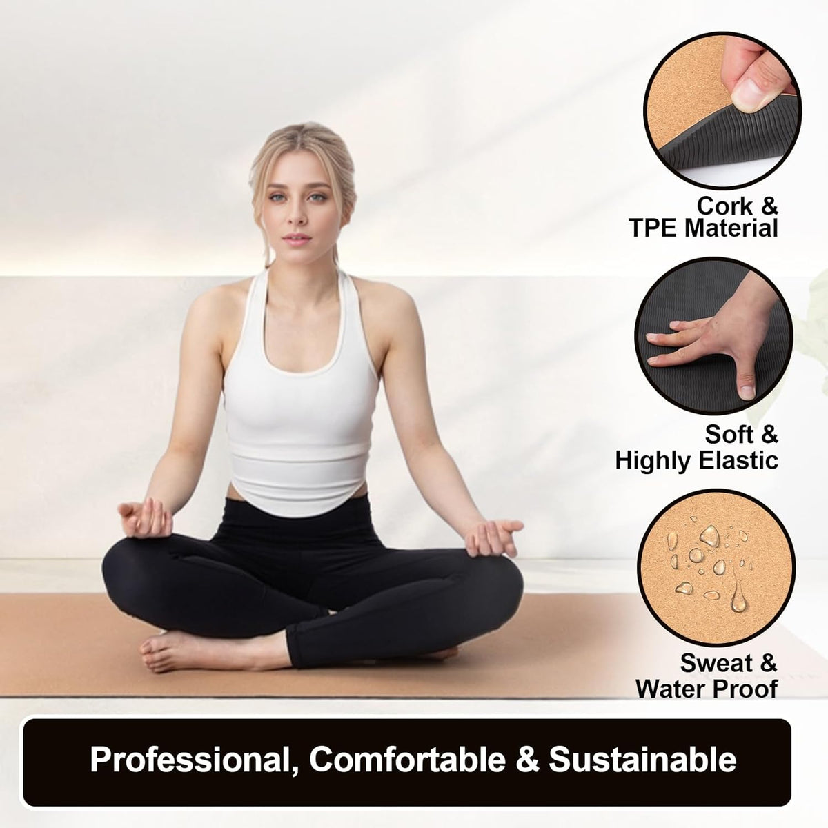 Eco-Friendly Cork Yoga Mat, 7mm Thick, 72"x24", Cork+TPE, 2 lbs, Non-Slip, Lightweight & Cushioned Mat for Hot Yoga, Pilates & Home Fitness, Durable Surface with Natural Grip and Carry Strap