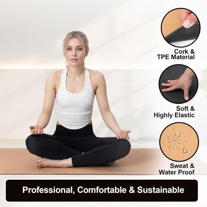Eco-Friendly Cork Yoga Mat, 7mm Thick, 72"x24", Cork+TPE, 2 lbs, Non-Slip, Lightweight & Cushioned Mat for Hot Yoga, Pilates & Home Fitness, Durable Surface with Natural Grip and Carry Strap