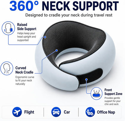 Travel Pillow for Airplane, Memory Foam Neck Pillow for Travel with Chin Support, Washable Cover & Storage Bag, Ergonomic 360° Neck Support for Long Flights, Car, Office, Home, Max Grey