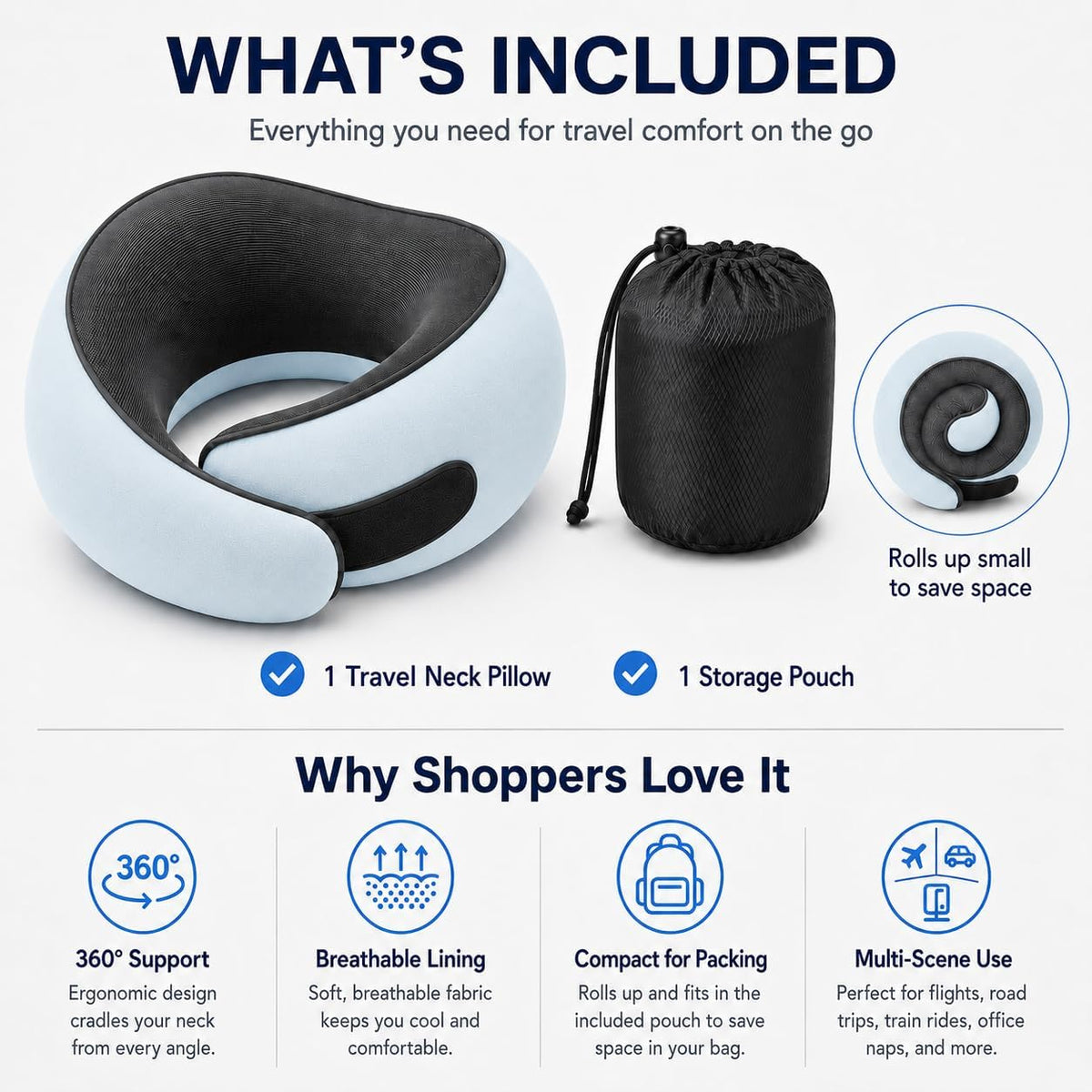 Travel Pillow for Airplane, Memory Foam Neck Pillow for Travel with Chin Support, Washable Cover & Storage Bag, Ergonomic 360° Neck Support for Long Flights, Car, Office, Home, Max Grey