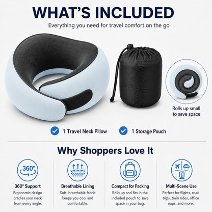 Travel Pillow for Airplane, Memory Foam Neck Pillow for Travel with Chin Support, Washable Cover & Storage Bag, Ergonomic 360° Neck Support for Long Flights, Car, Office, Home, Max Grey