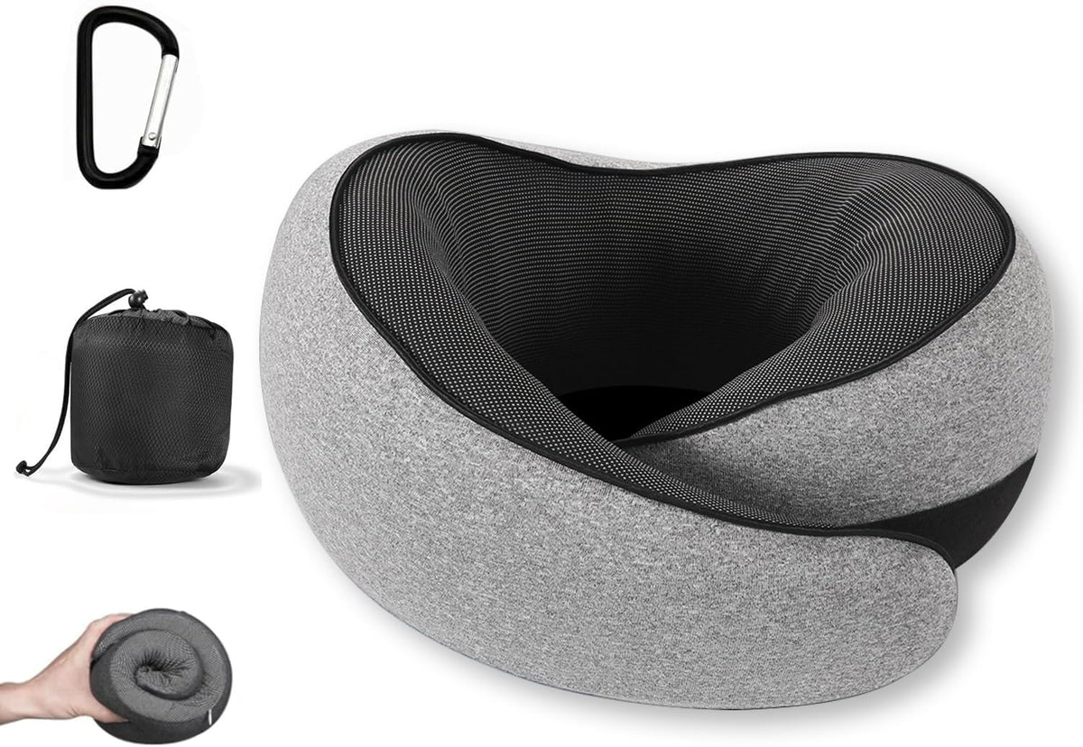 Travel Pillow for Airplane, Memory Foam Neck Pillow for Travel with Chin Support, Washable Cover & Storage Bag, Ergonomic 360° Neck Support for Long Flights, Car, Office, Home, Max Grey