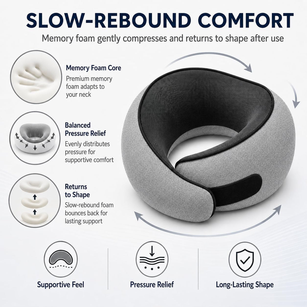 Travel Pillow for Airplane, Memory Foam Neck Pillow for Travel with Chin Support, Washable Cover & Storage Bag, Ergonomic 360° Neck Support for Long Flights, Car, Office, Home, Max Grey