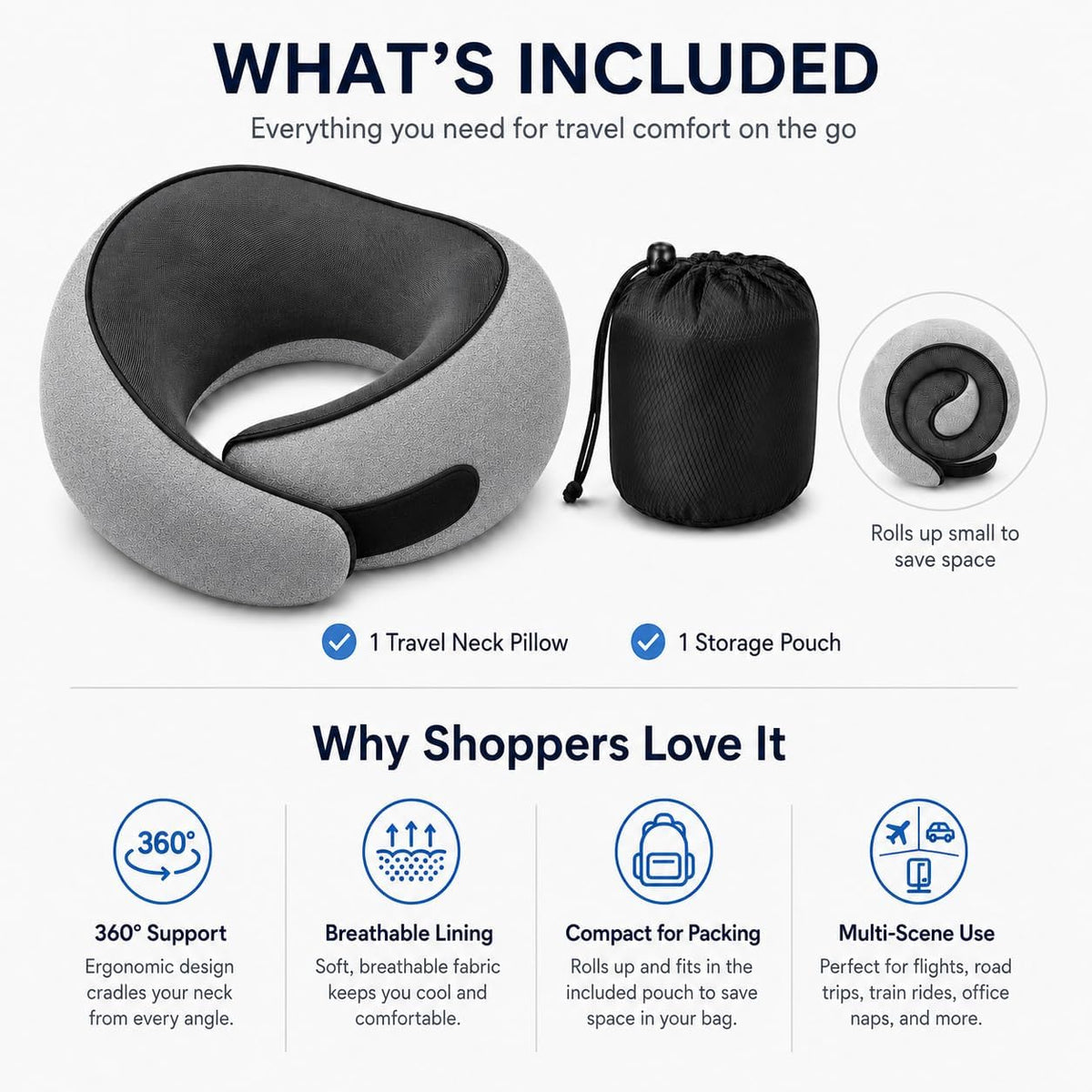 Travel Pillow for Airplane, Memory Foam Neck Pillow for Travel with Chin Support, Washable Cover & Storage Bag, Ergonomic 360° Neck Support for Long Flights, Car, Office, Home, Max Grey