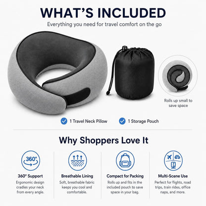 Travel Pillow for Airplane, Memory Foam Neck Pillow for Travel with Chin Support, Washable Cover & Storage Bag, Ergonomic 360° Neck Support for Long Flights, Car, Office, Home, Max Grey